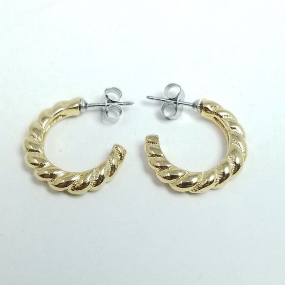 Vintage Little Gold Tone Huggie Hoop Earrings, Small Spiral Design, Estate - Picture 1 of 5